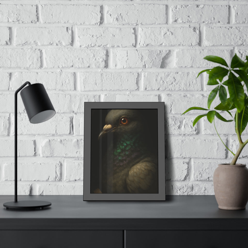 Close portrait of a pigeon with an iridescent green throat. Study of the Holy Messenger, No. 1 by Garabaggio, framed fine art print hanging in a room.