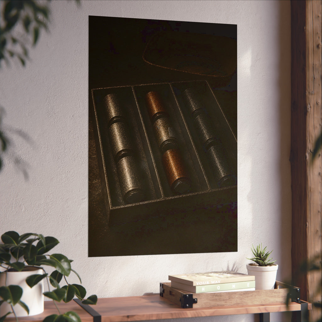 Dead batteries lined up in a divided tray on a dark table. The Sorting Tray by Garabaggio, fine art print hanging in a room.