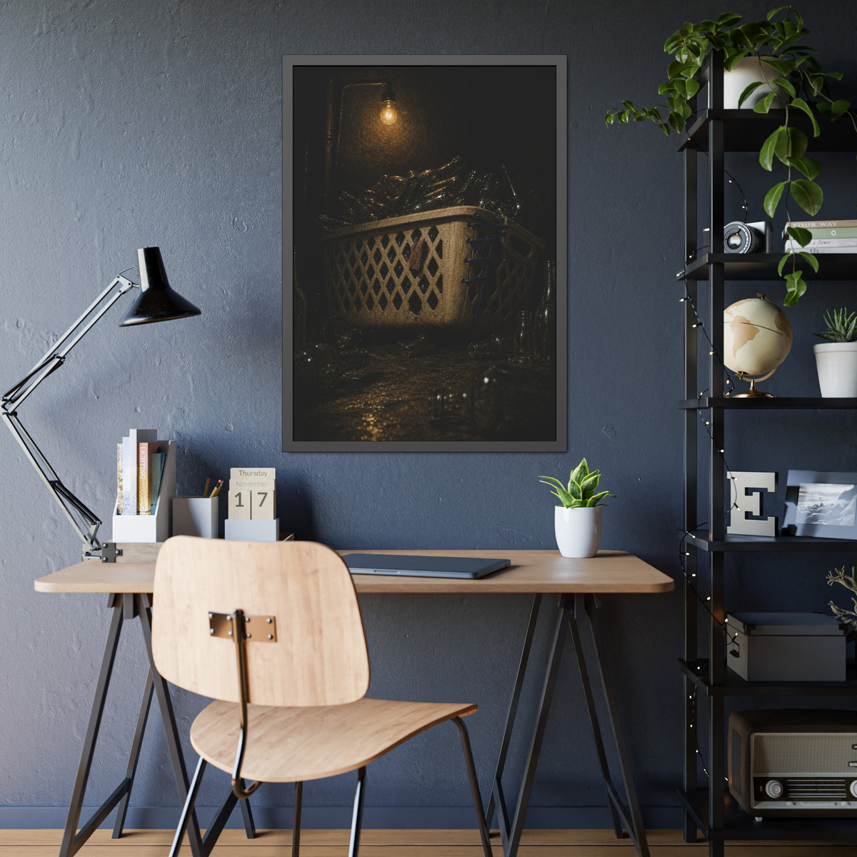 A laundry basket filled with glass bottles under a bare hanging bulb. The Second Life for Bottles by Garabaggio, framed fine art print hanging in a room.