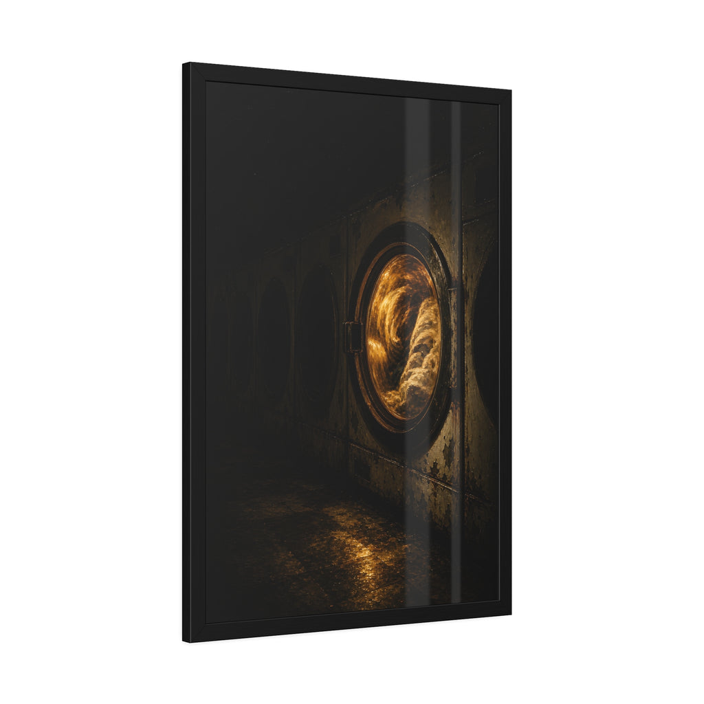 A row of dryers with one drum lit and tumbling in a dark laundromat. The Last Dryer Turning by Garabaggio, framed fine art print hanging in a room.