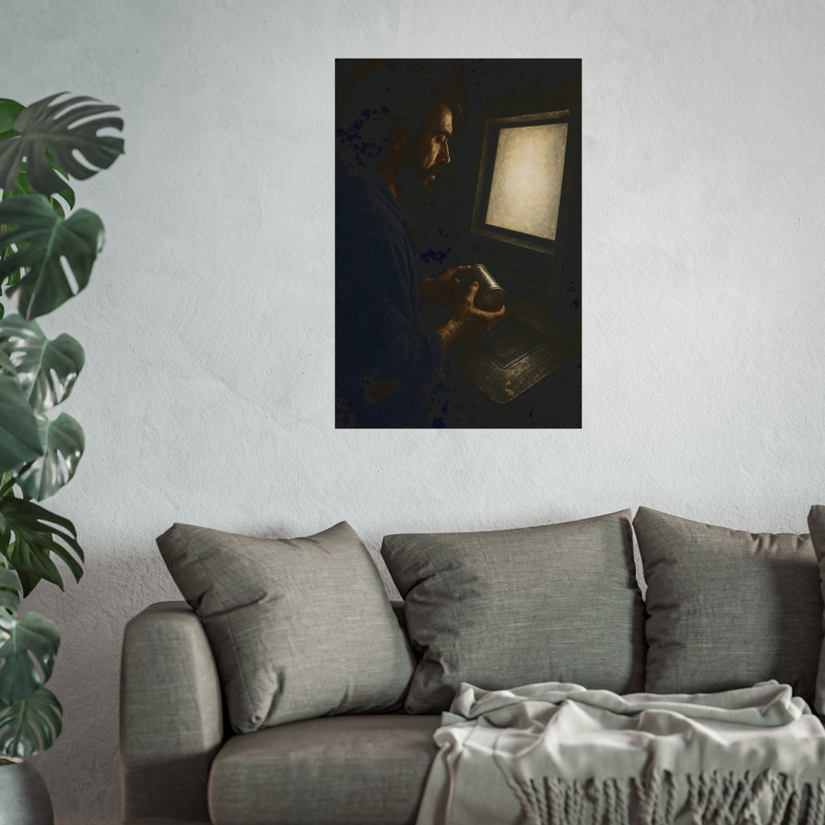 A bearded man holding a dented can before a lit checkout screen. The Item Without Recognition by Garabaggio, fine art print hanging in a room.