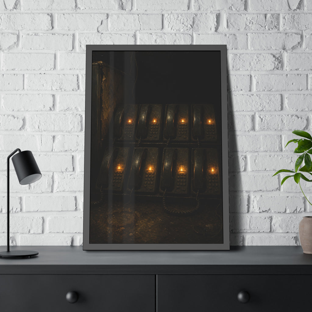 Rows of wall phones, each keypad lit by a small amber flame. The Votive Lights of the Hold Queue by Garabaggio, framed fine art print hanging in a room.