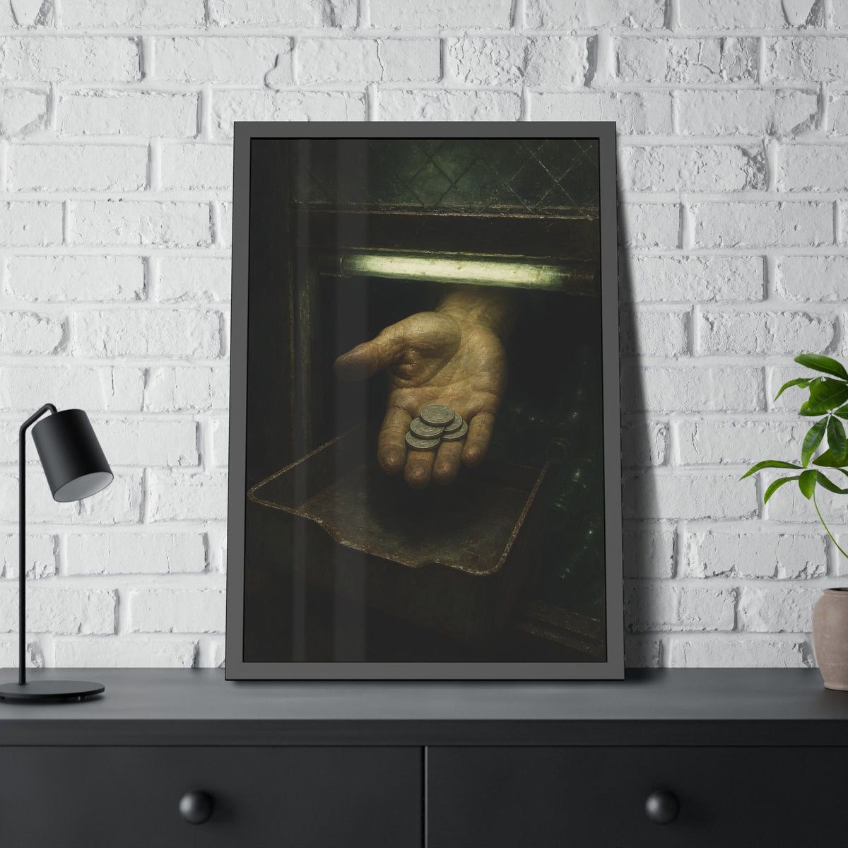 An open palm holding coins over a metal tray under a fluorescent tube. The Nickel Rendered by Garabaggio, framed fine art print hanging in a room.