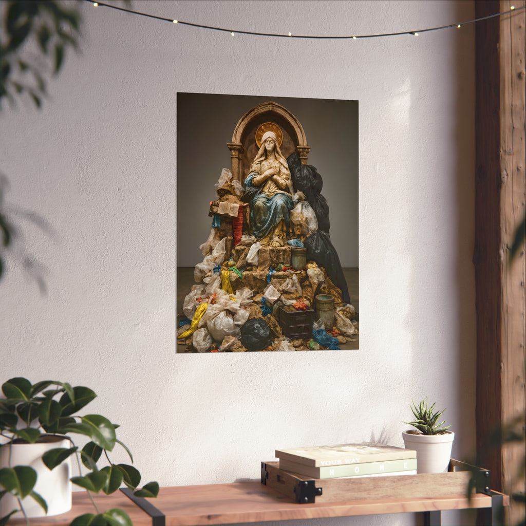 A robed statue on a mound of garbage bags in a gallery. The Immaculate Collection by Garabaggio, fine art print hanging in a room.