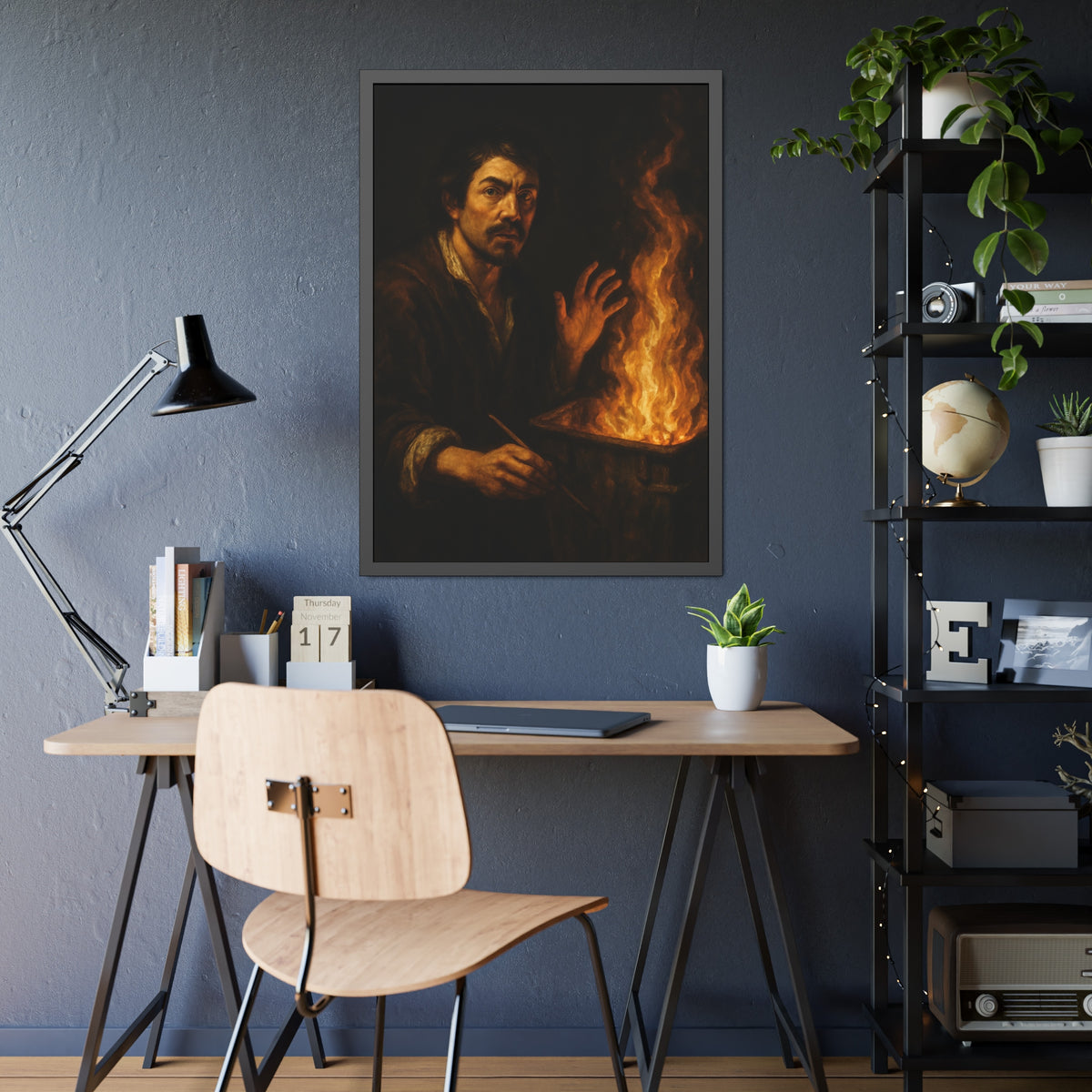 Man holding a paintbrush, his other hand raised beside tall flames. Self-Portrait with Brush and Flame by Garabaggio, framed fine art print hanging in a room.