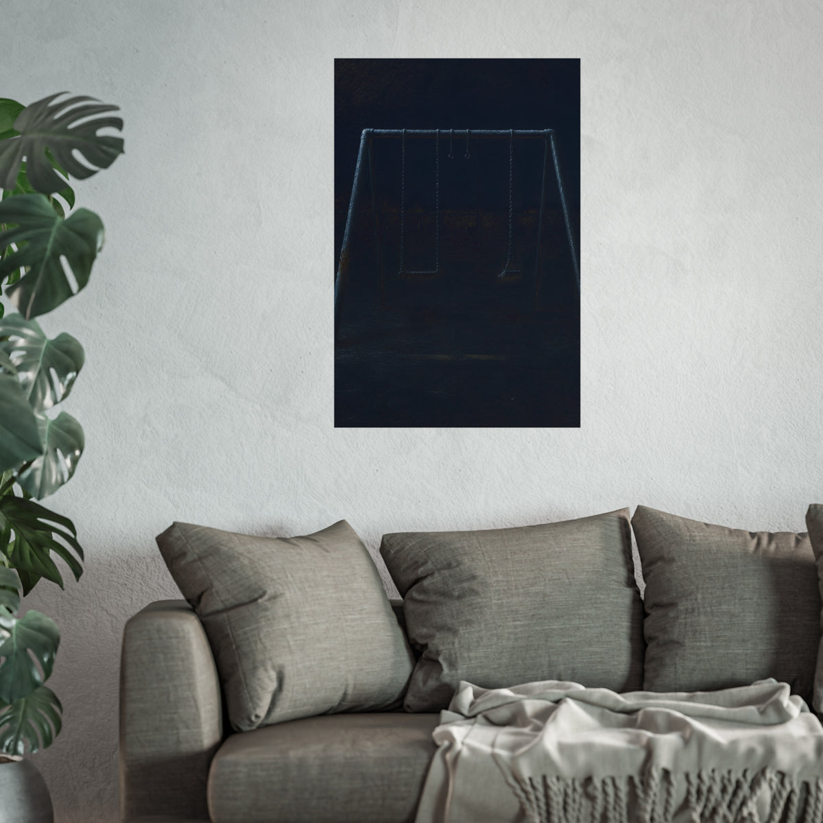 An empty swing set in near darkness with one seat twisted. The Fourth Hour: The Floodlights Cut by Garabaggio, fine art print hanging in a room.
