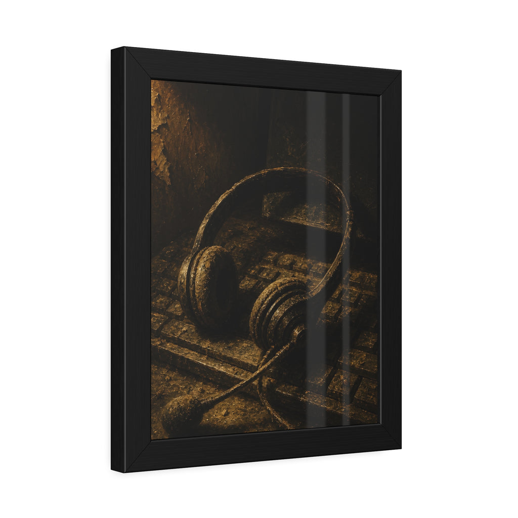 Dust covered headset resting on an old keyboard in brown light. Cubicles Under Dust by Garabaggio, framed fine art print hanging in a room.