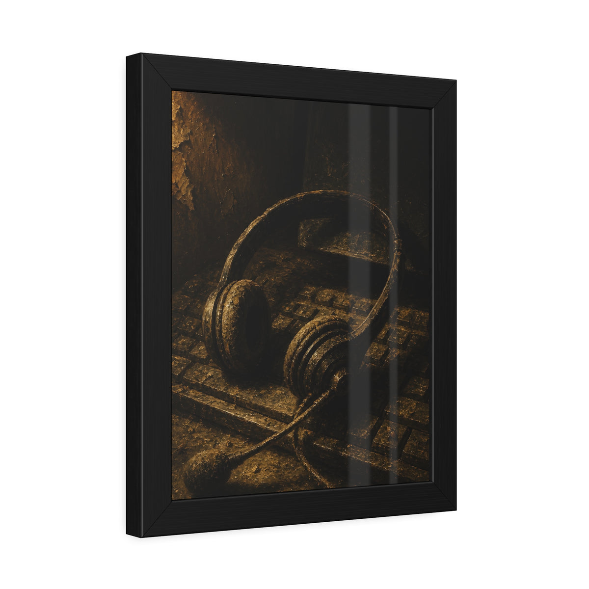 Dust covered headset resting on an old keyboard in brown light. Cubicles Under Dust by Garabaggio, framed fine art print hanging in a room.