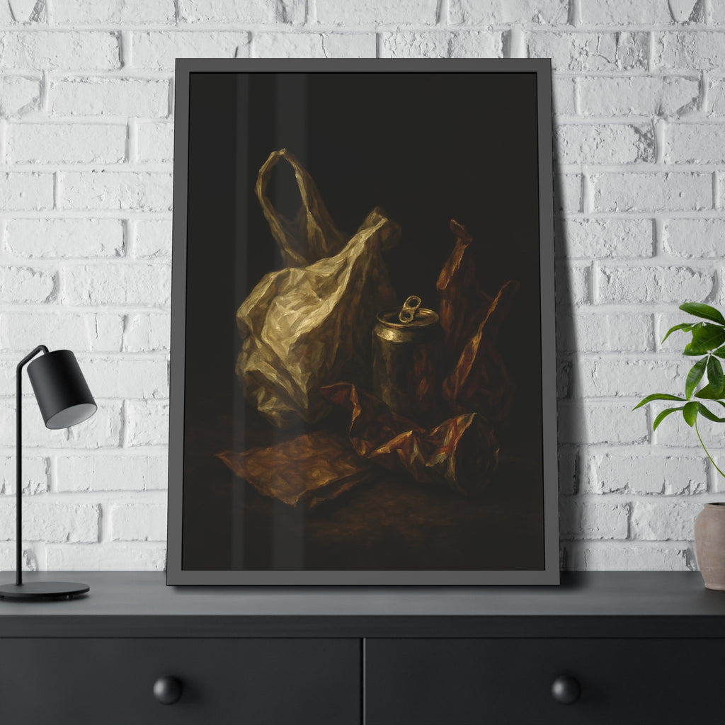 A crumpled plastic bag, crushed can and foil wrappers on a dark table. The Pietà of the Deflated by Garabaggio, framed fine art print hanging in a room.