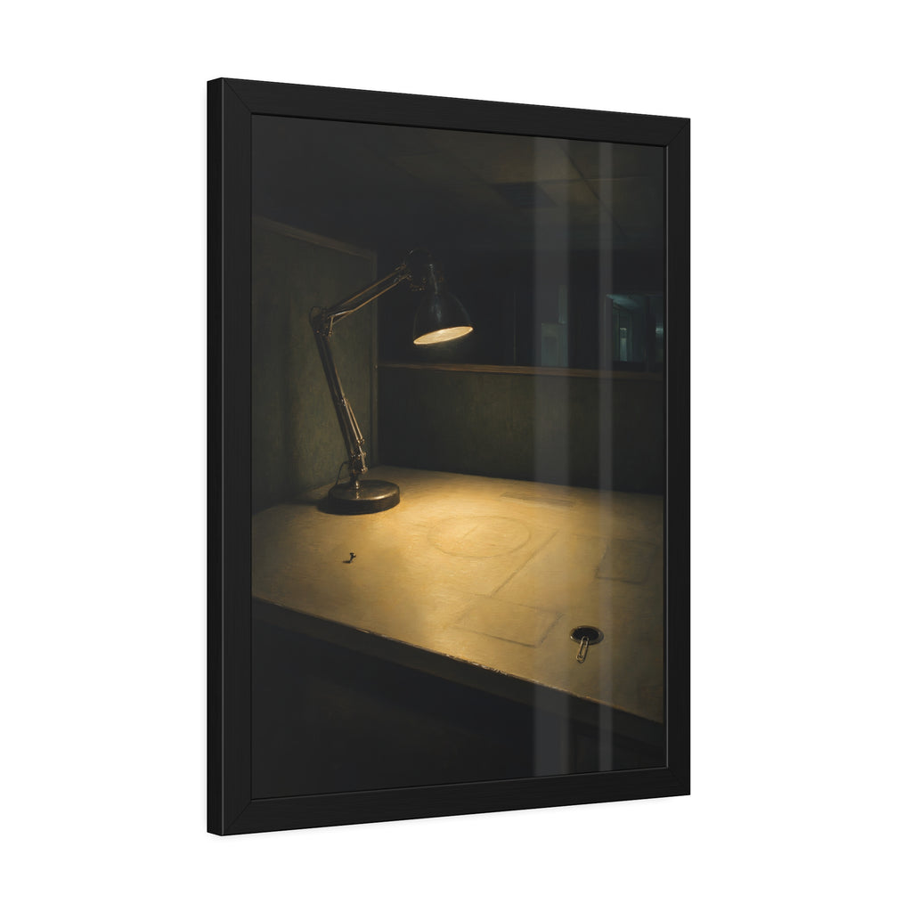 A lit desk lamp on an emptied office desk at night. The Desk Lamp Still Warm by Garabaggio, framed fine art print hanging in a room.