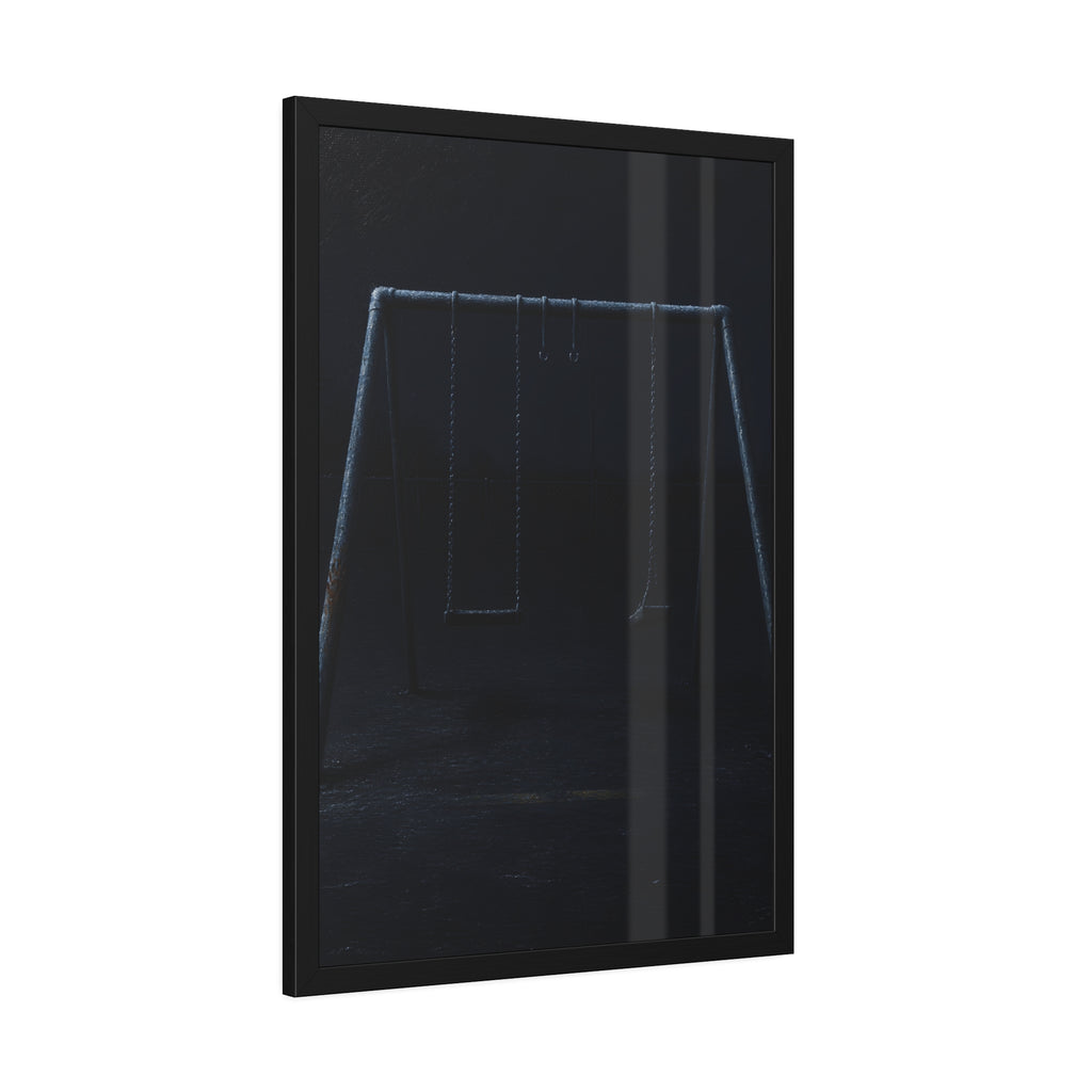 An empty swing set in near darkness with one seat twisted. The Fourth Hour: The Floodlights Cut by Garabaggio, framed fine art print hanging in a room.
