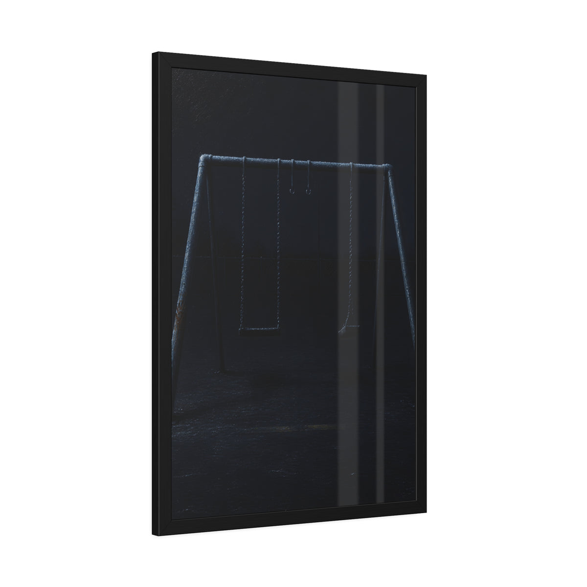 An empty swing set in near darkness with one seat twisted. The Fourth Hour: The Floodlights Cut by Garabaggio, framed fine art print hanging in a room.
