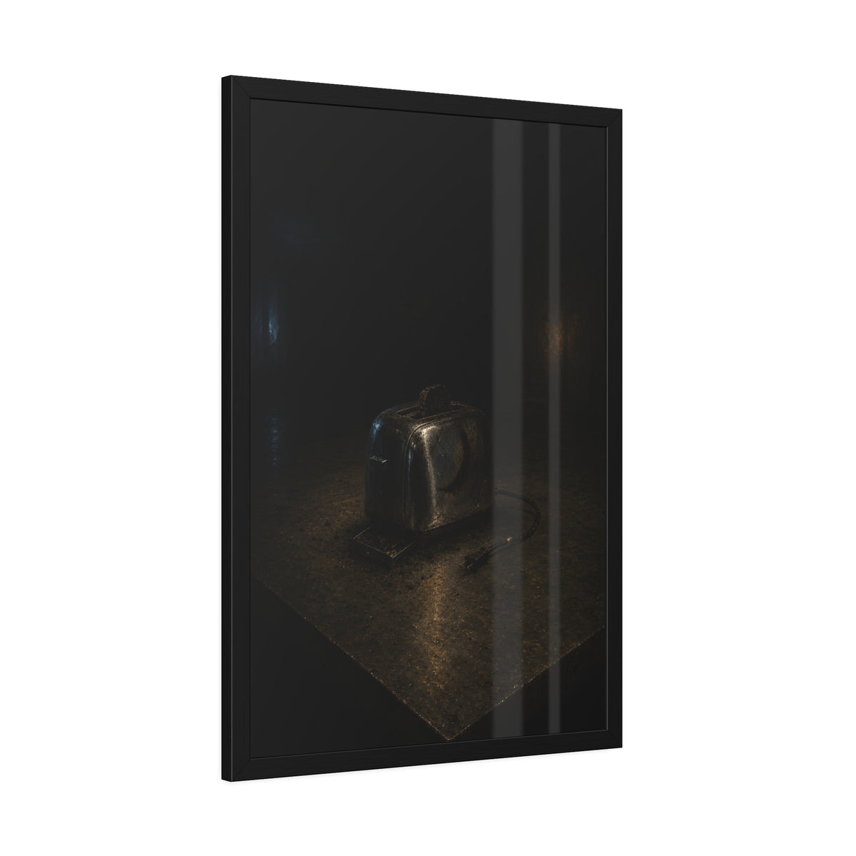A scorched chrome toaster alone on a metal counter in a dark room. The Cooling on Steel by Garabaggio, framed fine art print hanging in a room.