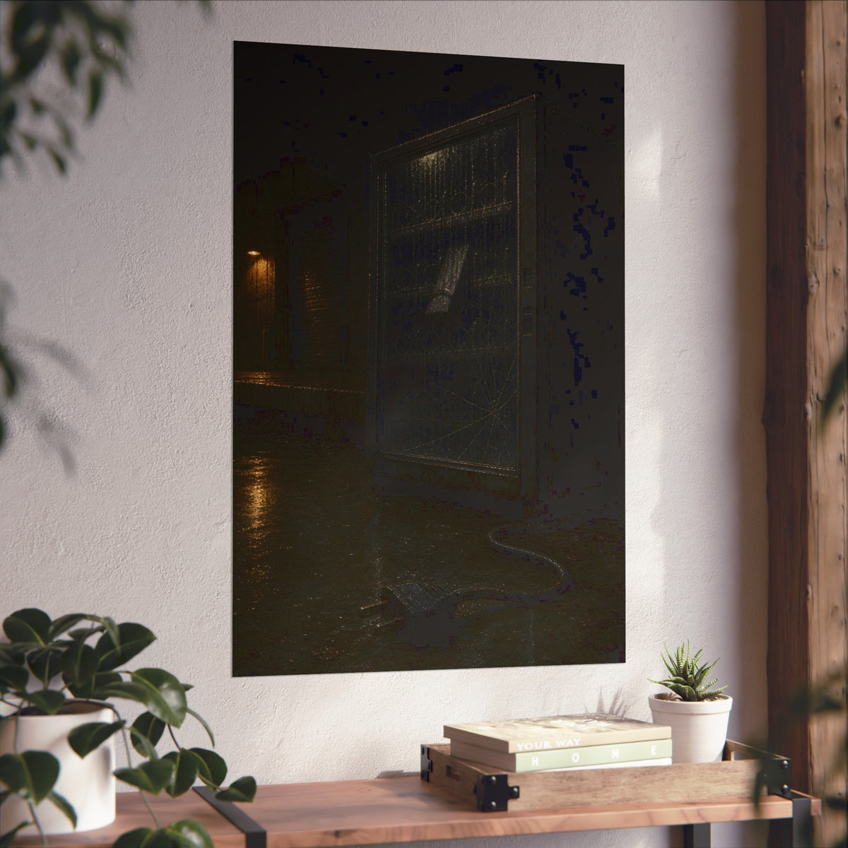 A vending machine in the rain, its cord and plug trailing across wet pavement. The Weathering Outside by Garabaggio, fine art print hanging in a room.