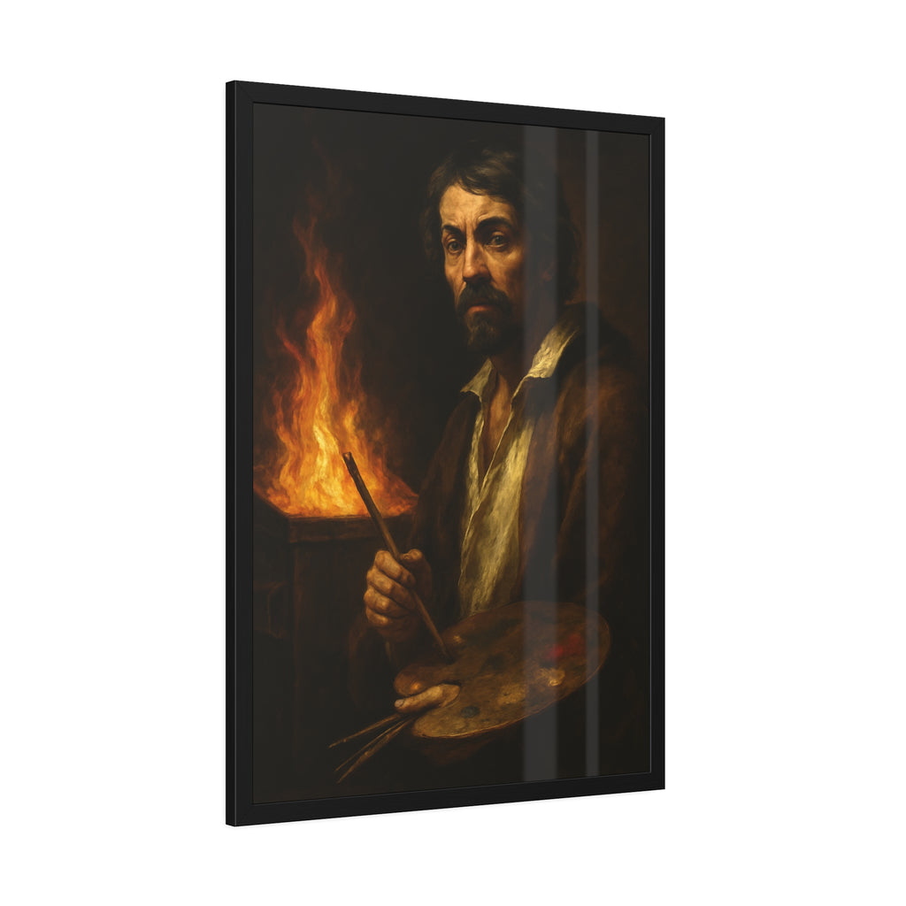 Man holding a palette and brushes, a fire behind him. Self-Portrait with Palette (After Caravaggio) by Garabaggio, framed fine art print hanging in a room.