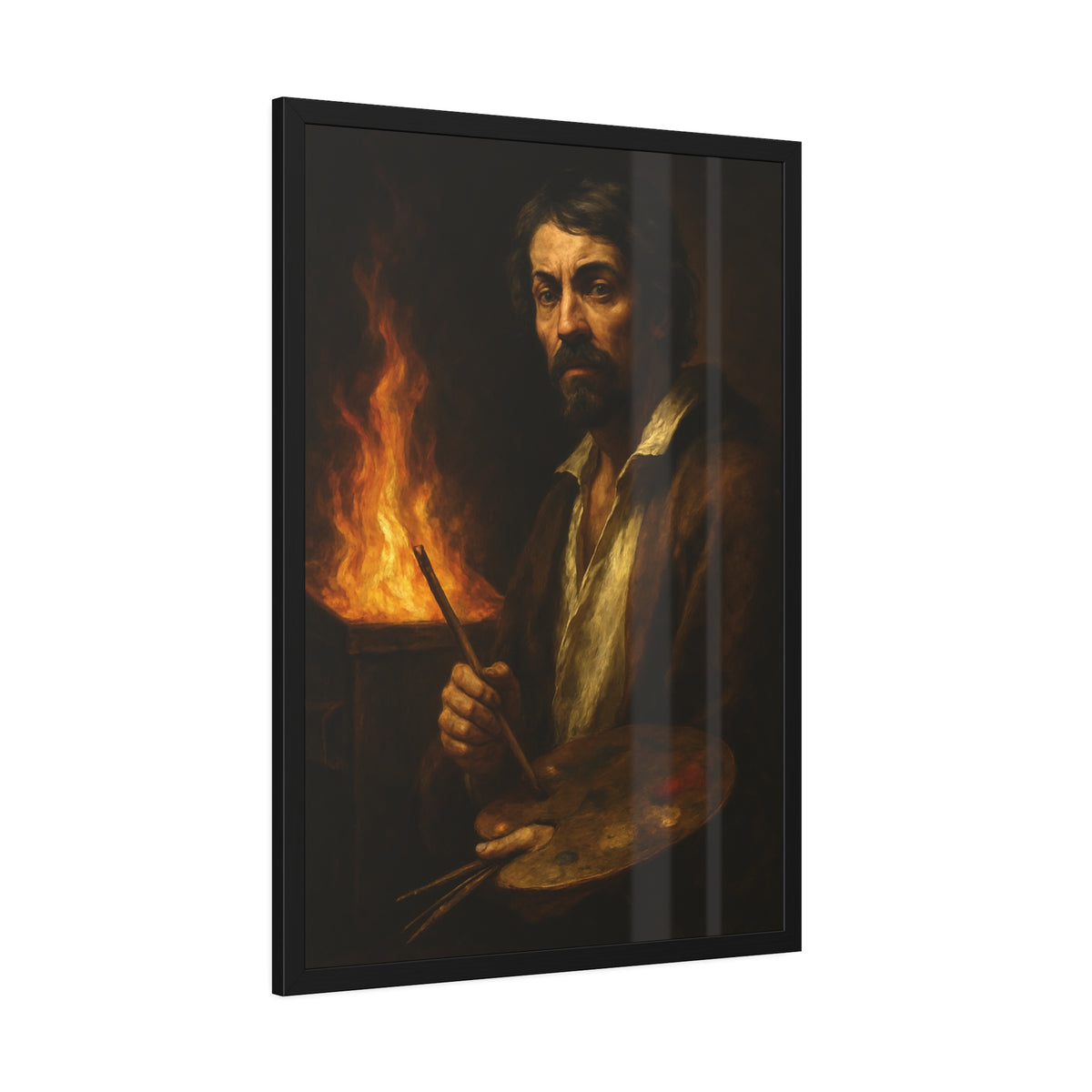 Man holding a palette and brushes, a fire behind him. Self-Portrait with Palette (After Caravaggio) by Garabaggio, framed fine art print hanging in a room.