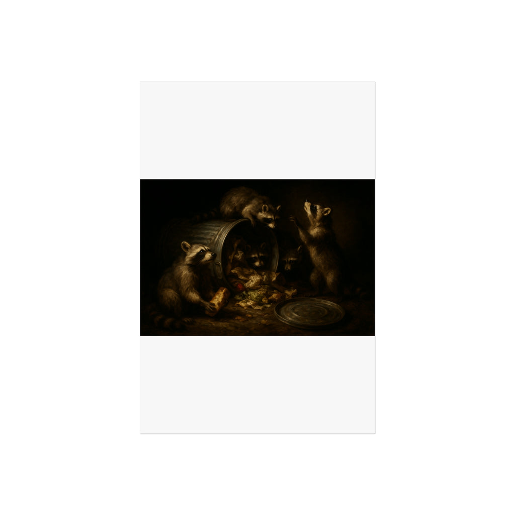 Raccoons around a tipped metal trash can, scattering food scraps. The Vigil of the Midnight Feast by Garabaggio, fine art print hanging in a room.