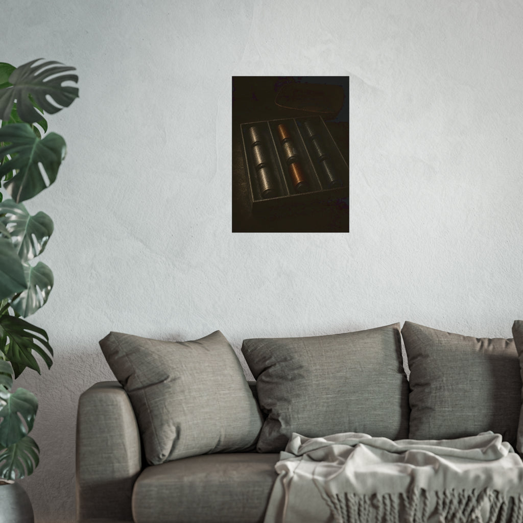 Dead batteries lined up in a divided tray on a dark table. The Sorting Tray by Garabaggio, fine art print hanging in a room.