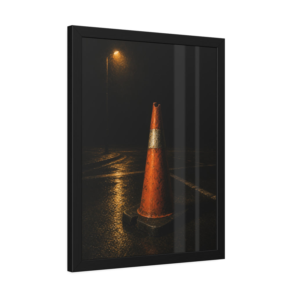 A battered orange traffic cone on wet asphalt under a street lamp. The Warning Without Danger by Garabaggio, framed fine art print hanging in a room.
