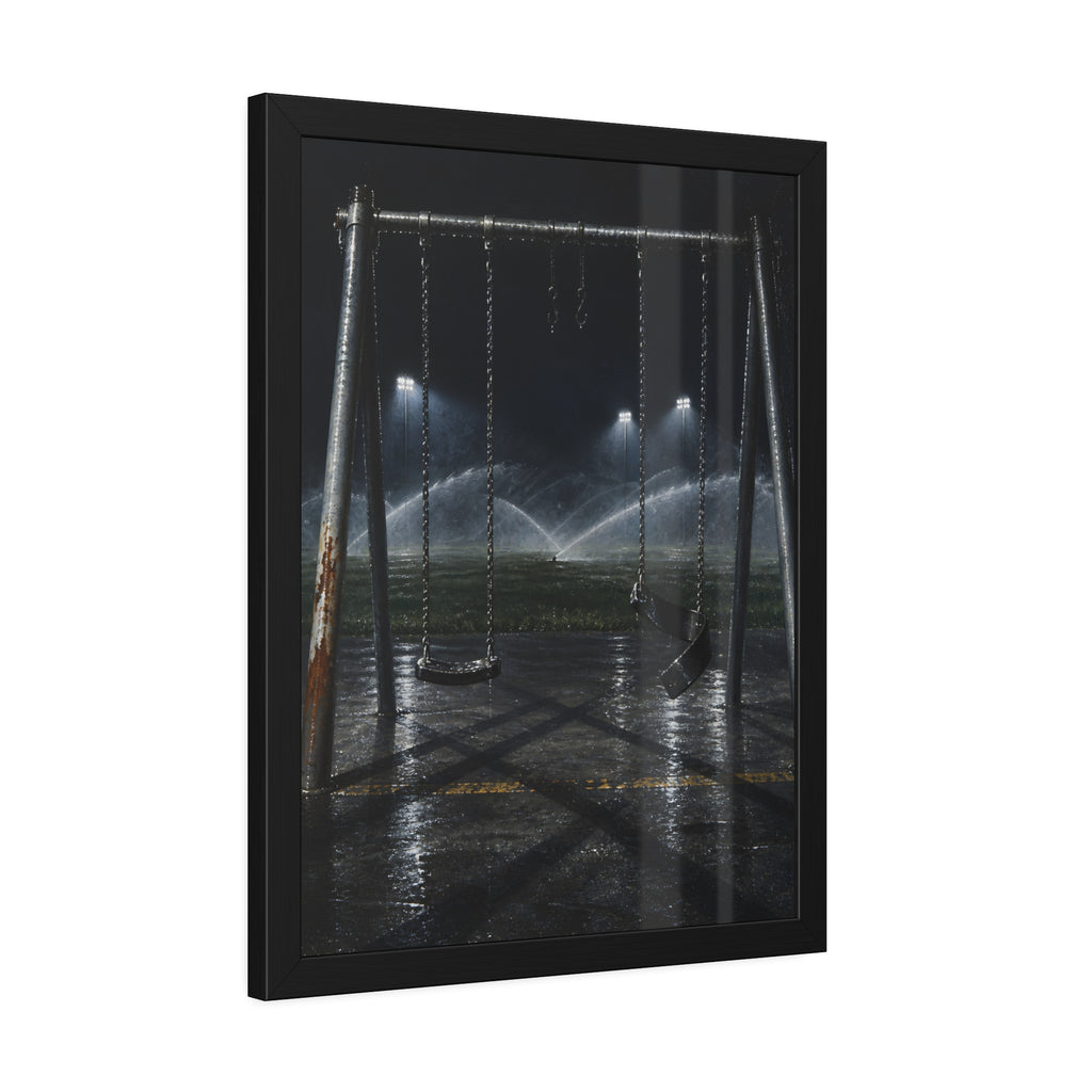 An empty swing set on wet asphalt, sprinklers arcing over the field. The Eleventh Hour: The Sprinklers by Garabaggio, framed fine art print hanging in a room.