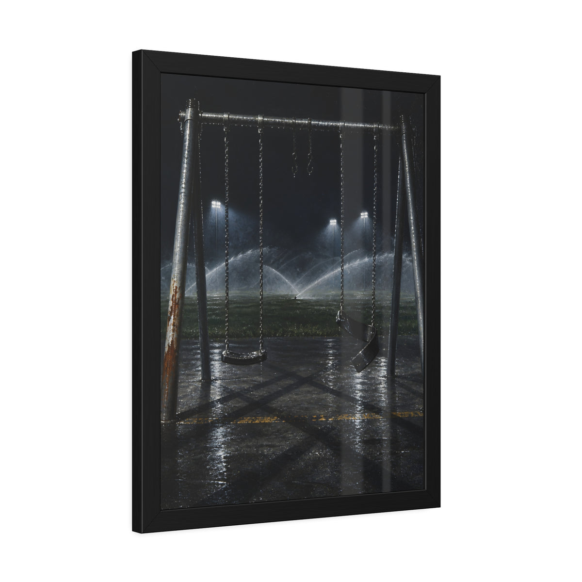 An empty swing set on wet asphalt, sprinklers arcing over the field. The Eleventh Hour: The Sprinklers by Garabaggio, framed fine art print hanging in a room.
