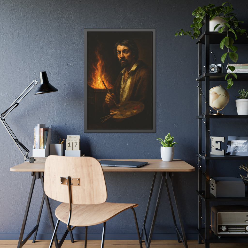 Man holding a palette and brushes, a fire behind him. Self-Portrait with Palette (After Caravaggio) by Garabaggio, framed fine art print hanging in a room.