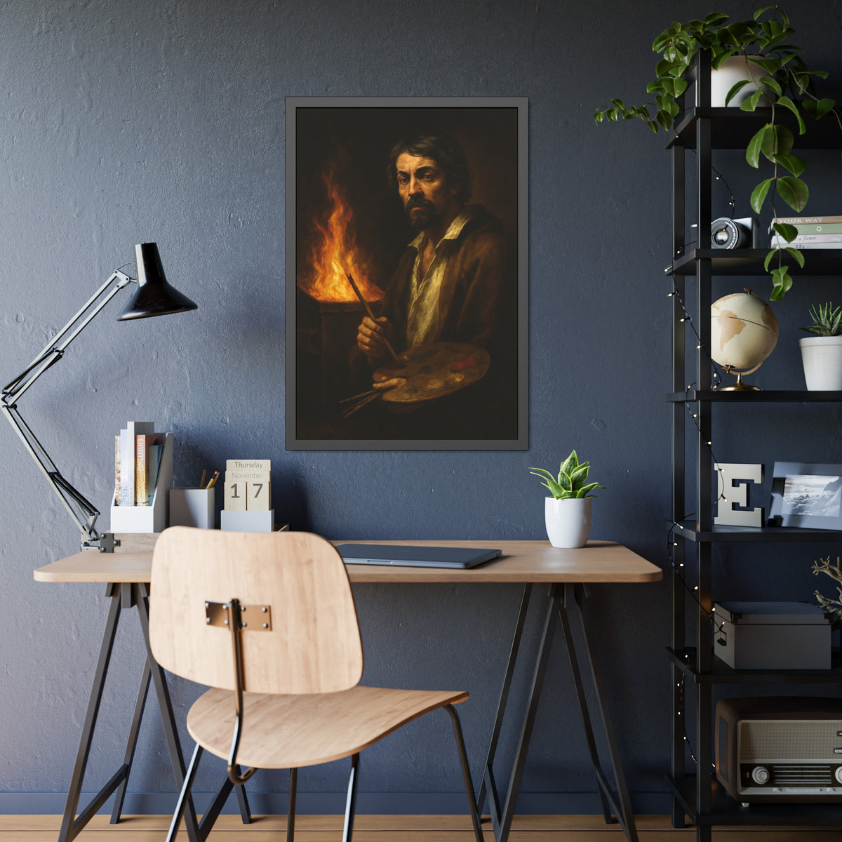 Man holding a palette and brushes, a fire behind him. Self-Portrait with Palette (After Caravaggio) by Garabaggio, framed fine art print hanging in a room.