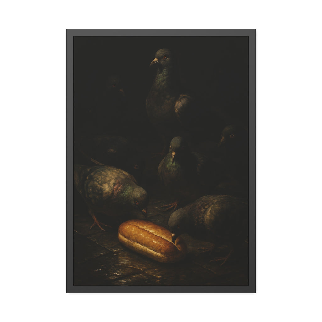 Pigeons crowding around a bread roll on dark stone paving. The Congregation at the Bun by Garabaggio, framed fine art print hanging in a room.