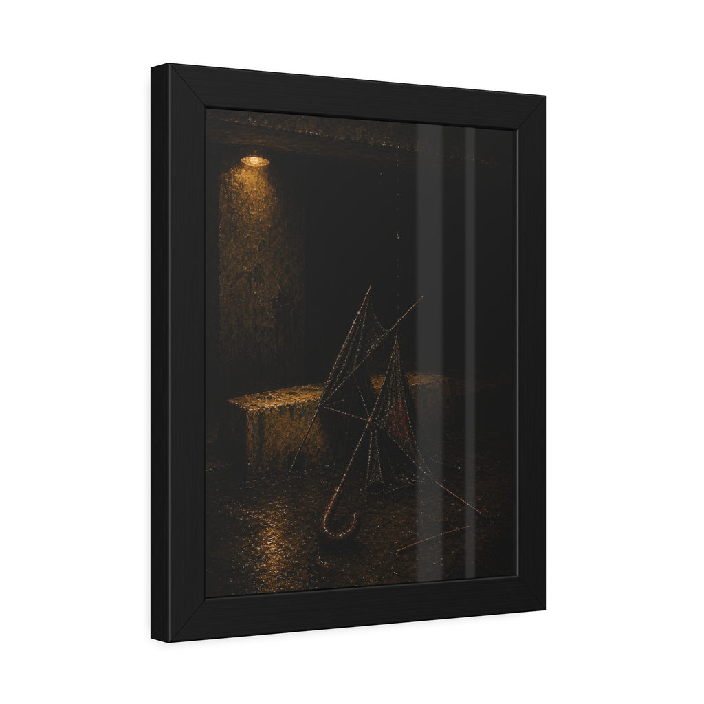 A broken umbrella collapsed on wet ground below a loading dock lamp. The Vigil Beneath the Loading Dock by Garabaggio, framed fine art print hanging in a room.