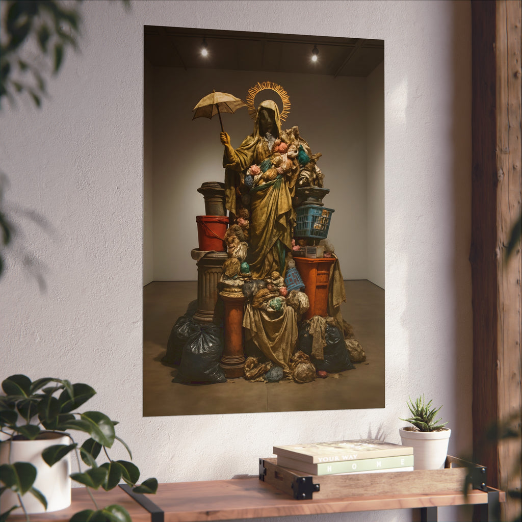Robed figure with a halo and umbrella rising from trash bags and crates. Our Lady of Perpetual Shelter by Garabaggio, fine art print hanging in a room.