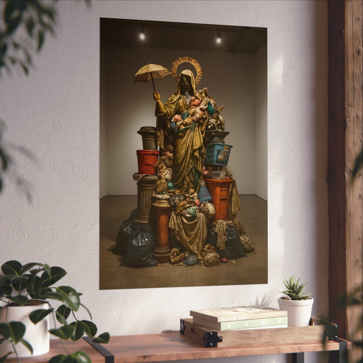 Robed figure with a halo and umbrella rising from trash bags and crates. Our Lady of Perpetual Shelter by Garabaggio, fine art print hanging in a room.