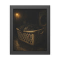 A laundry basket heaped with wet dark clothes under a bare bulb. The Burden of Wet Clothes by Garabaggio, framed fine art print, 11″ x 14″.