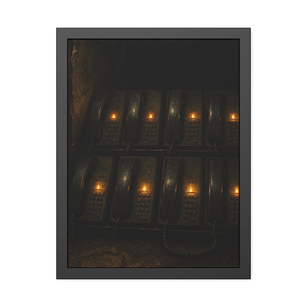Rows of wall phones, each keypad lit by a small amber flame. The Votive Lights of the Hold Queue by Garabaggio, framed fine art print, 18″ x 24″.
