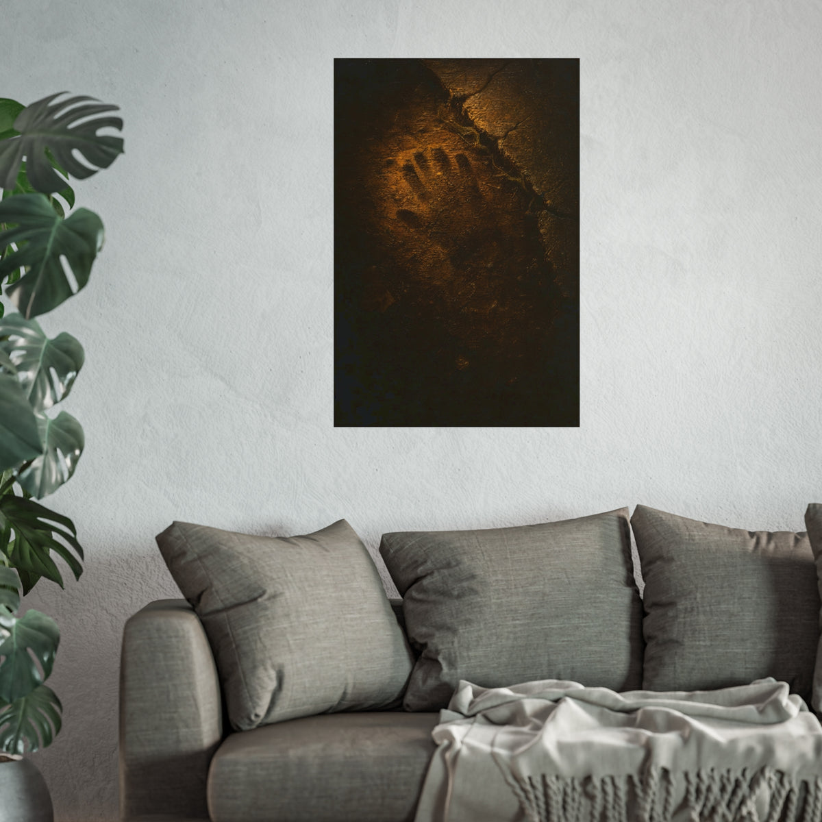 A glove shaped imprint left in cracked asphalt under warm light. The Assumption, or: What Remains by Garabaggio, fine art print hanging in a room.