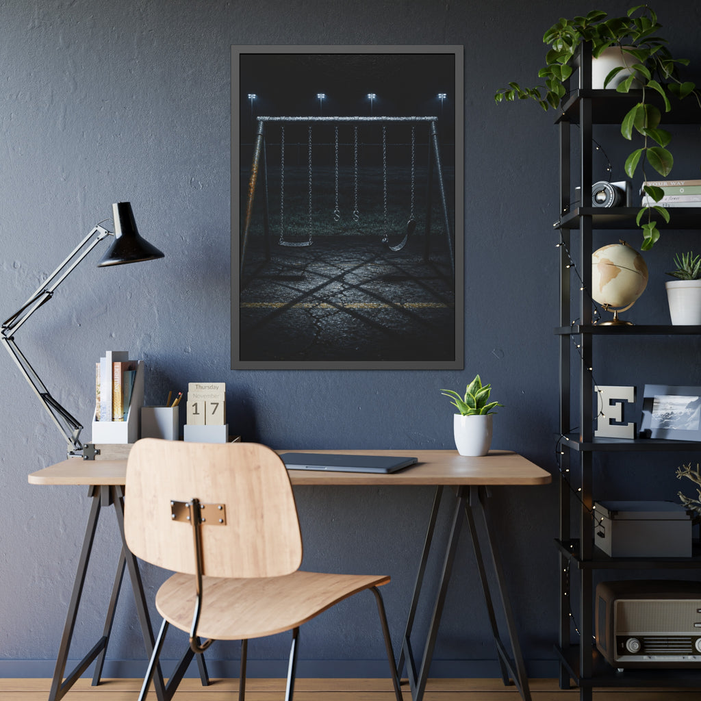 An empty swing set with a rusted leg on cracked asphalt. The Second Hour: The Rust Shaped Like a Hand by Garabaggio, framed fine art print hanging in a room.