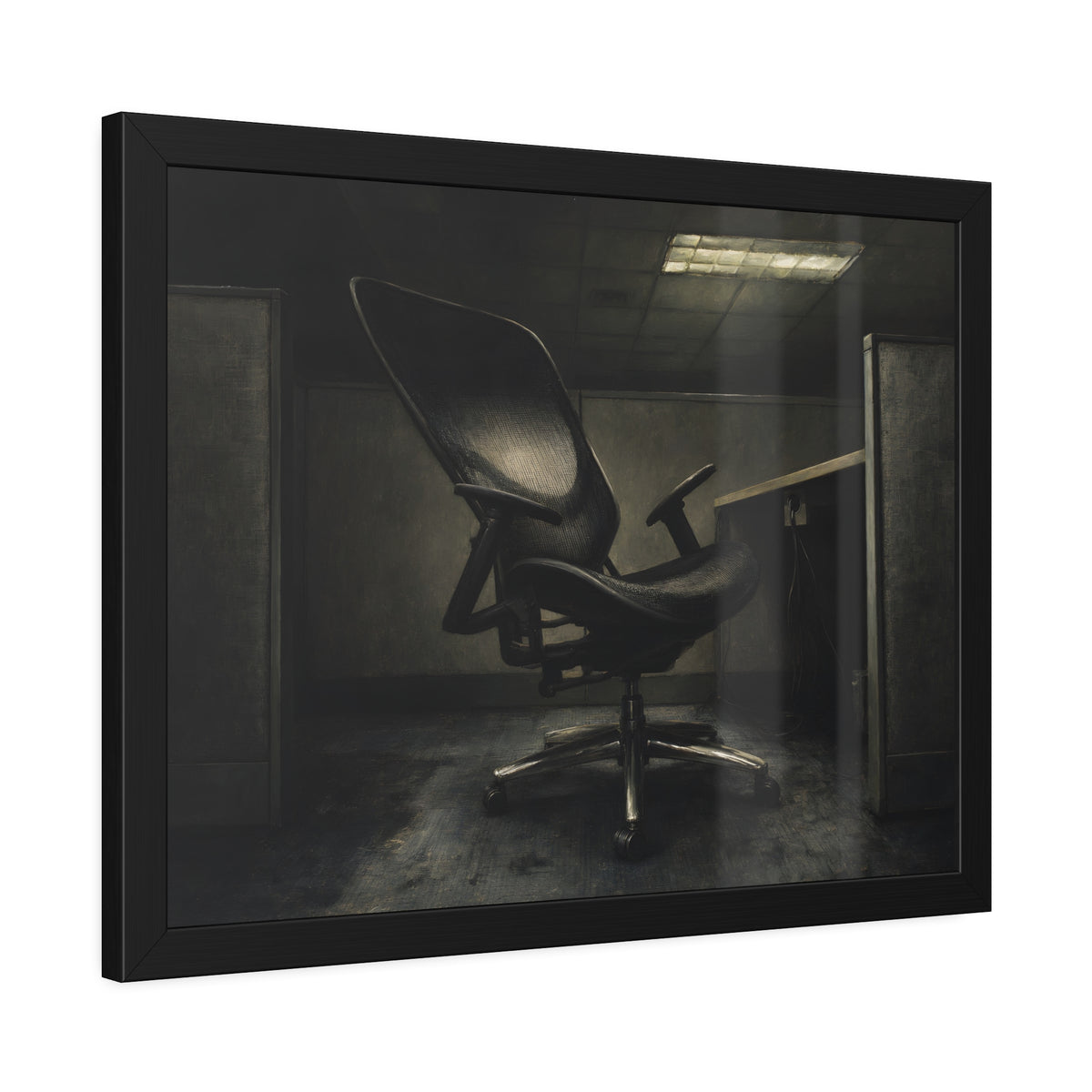 An office chair tilted back in an empty cubicle under one ceiling light. The Ergonomic Chair, Unlocked by Garabaggio, framed fine art print hanging in a room.