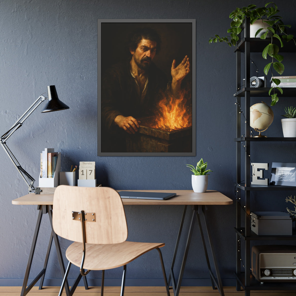 Man holding one hand high over the flames of an open burning bin. Self-Portrait Commanding the Light by Garabaggio, framed fine art print hanging in a room.