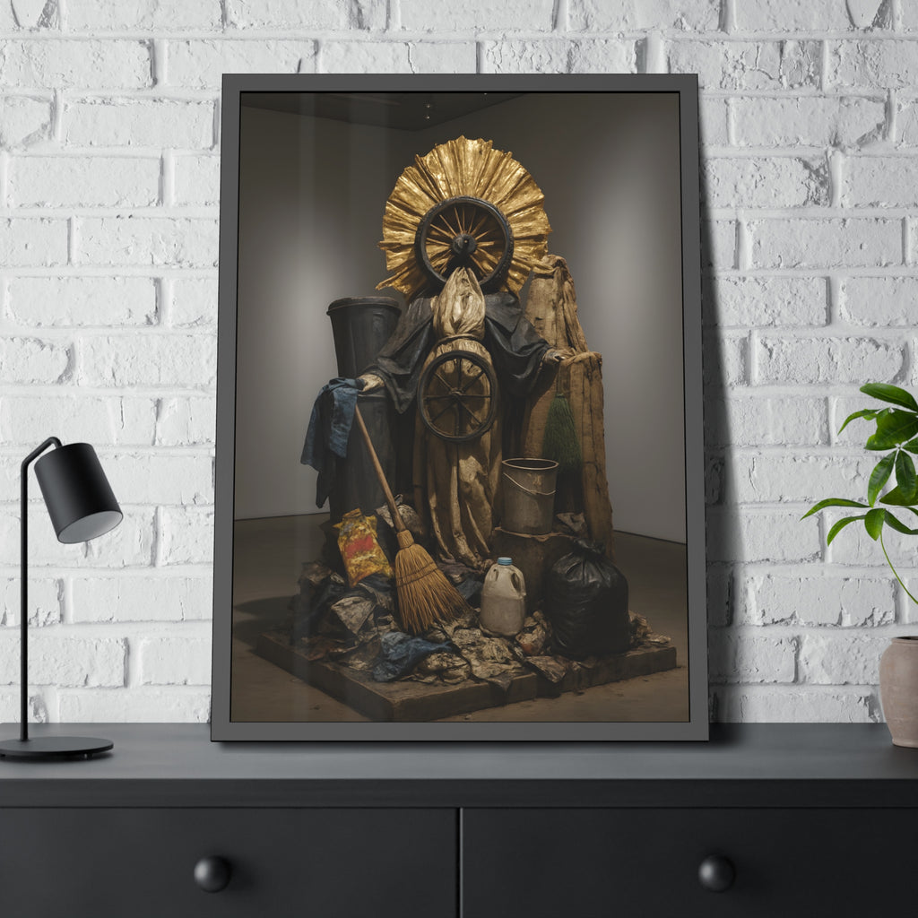 A draped figure with cart wheels above heaped trash. The Martyrdom of Saint Catherine of the Cartwheel by Garabaggio, framed fine art print hanging in a room.