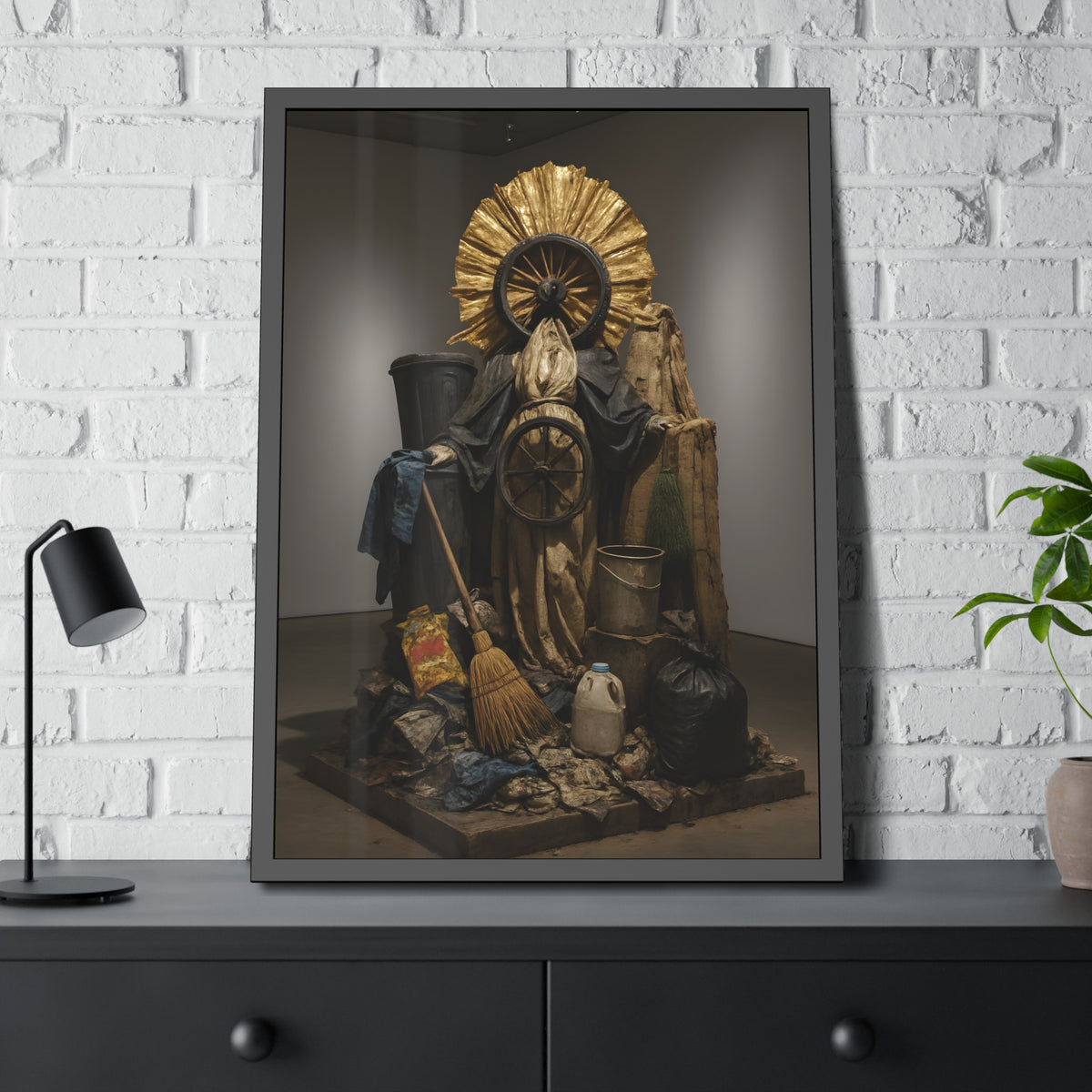 A draped figure with cart wheels above heaped trash. The Martyrdom of Saint Catherine of the Cartwheel by Garabaggio, framed fine art print hanging in a room.