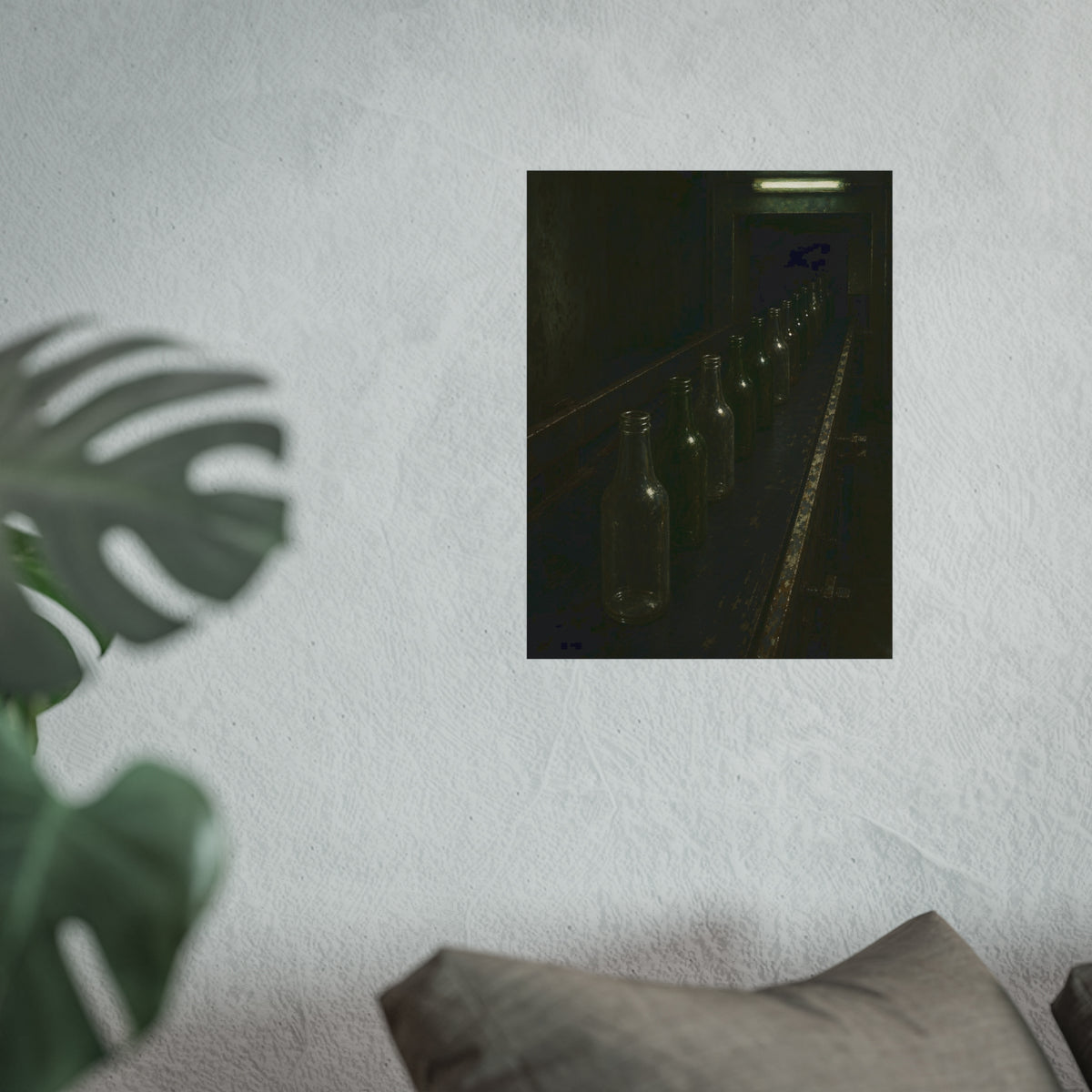 Empty glass bottles in a line on a conveyor under one fluorescent tube. The Procession of Bottles by Garabaggio, fine art print hanging in a room.