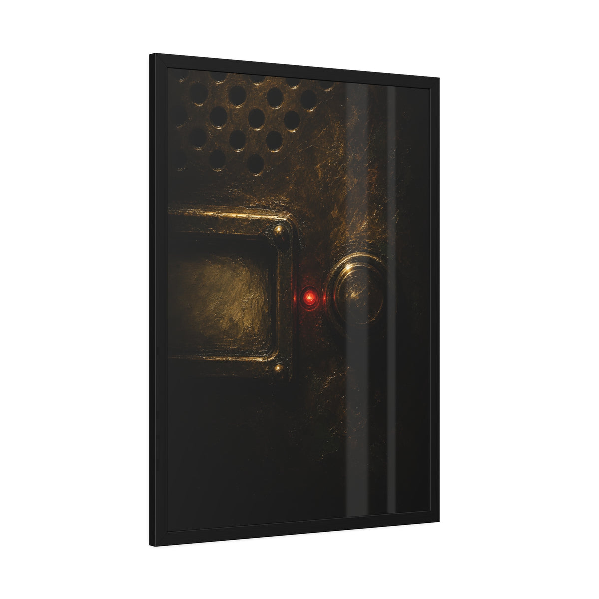 Close on an intercom nameplate and button with a small red light. The First Buzz at Dusk by Garabaggio, framed fine art print hanging in a room.