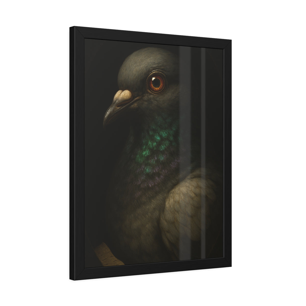 Close portrait of a pigeon with an iridescent green throat. Study of the Holy Messenger, No. 1 by Garabaggio, framed fine art print hanging in a room.