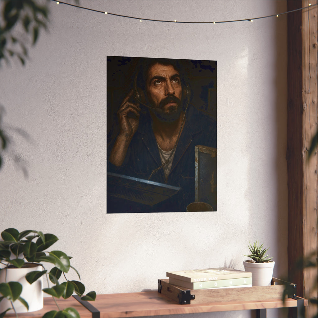 A man in a phone headset looks upward over the glow of a monitor. Garabaggio on Hold by Garabaggio, fine art print hanging in a room.