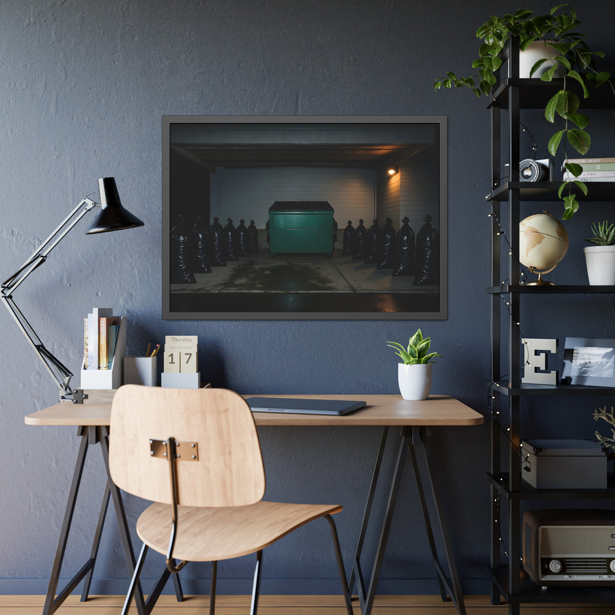 A green dumpster flanked by rows of black garbage bags under a lamp. Night Watch of the Loading Dock by Garabaggio, framed fine art print hanging in a room.