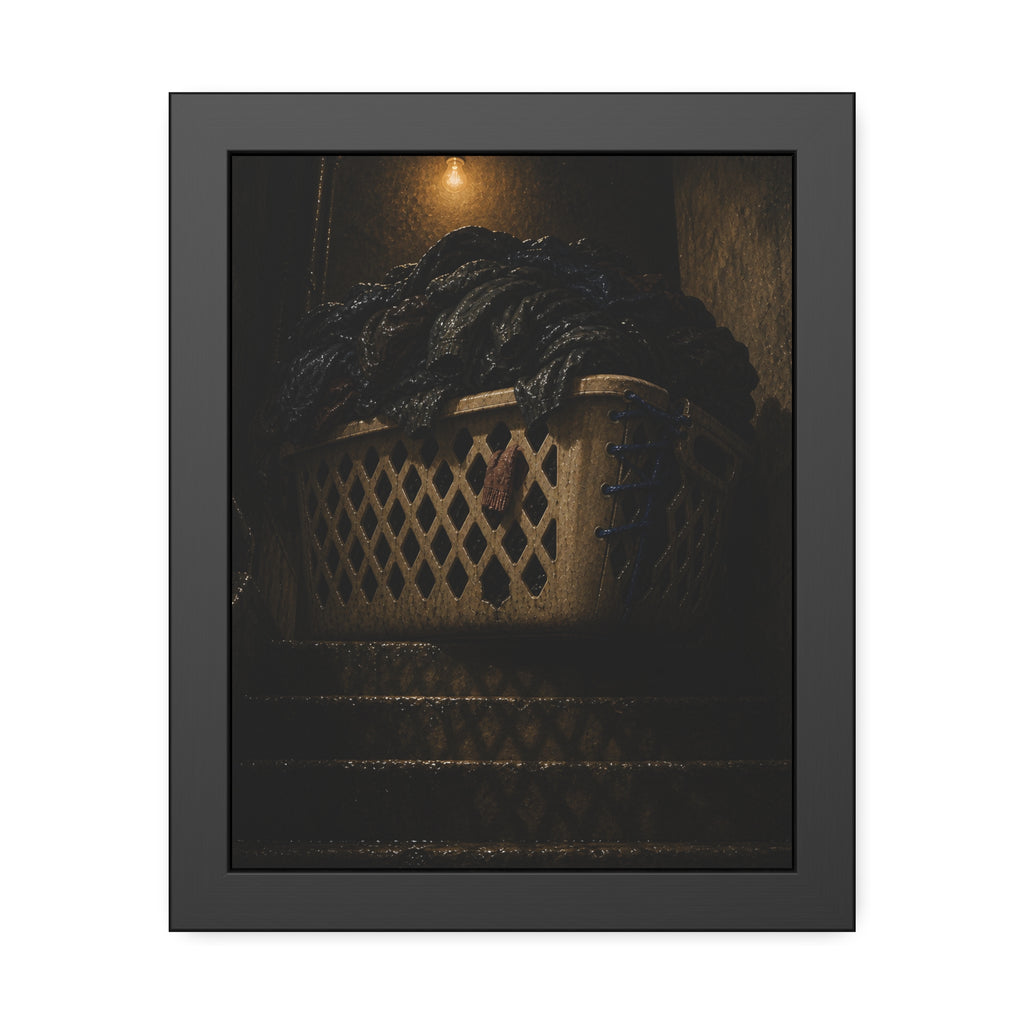 A laundry basket heaped with clothes on stairs under a bare bulb. The Overload on the Basement Stairs by Garabaggio, framed fine art print, 11″ x 14″.