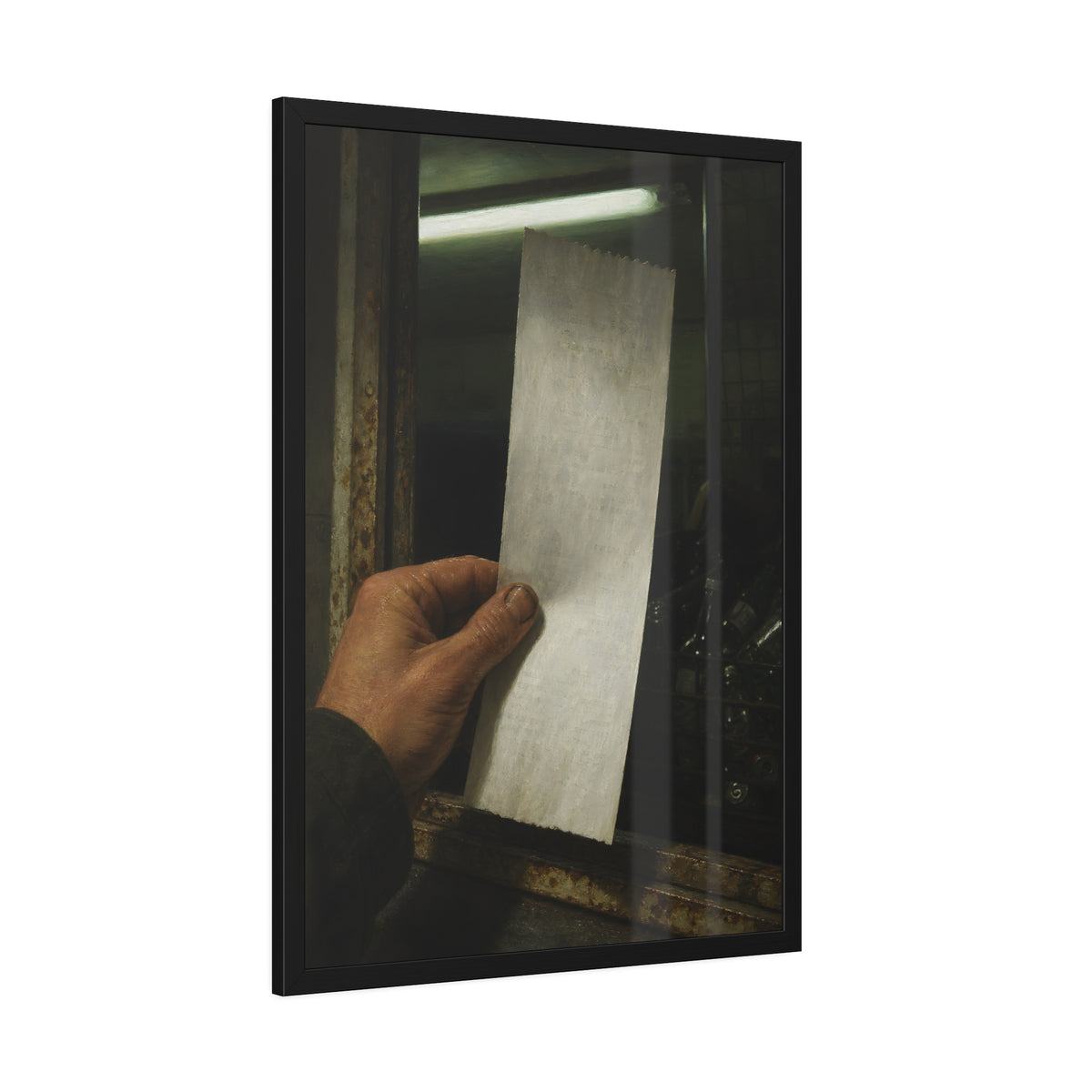 A hand holding a blank slip at a rusted counter window, bottles behind. The Receipt of Absolution by Garabaggio, framed fine art print hanging in a room.