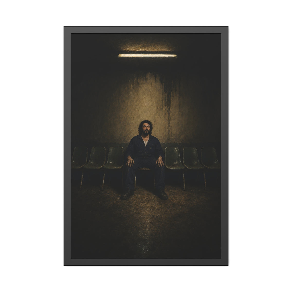 A man sits in the middle of a row of empty chairs under a wall light. Garabaggio Takes the Middle Chair by Garabaggio, framed fine art print, 24″ x 36″.