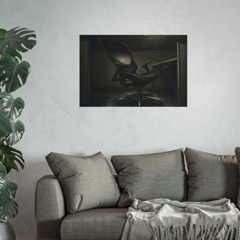 An office chair tilted back in an empty cubicle under one ceiling light. The Ergonomic Chair, Unlocked by Garabaggio, fine art print hanging in a room.