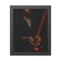 A man in blue coveralls holding a metal cup in a red scanner beam. The First Scan by Garabaggio, framed fine art print, 11″ x 14″.
