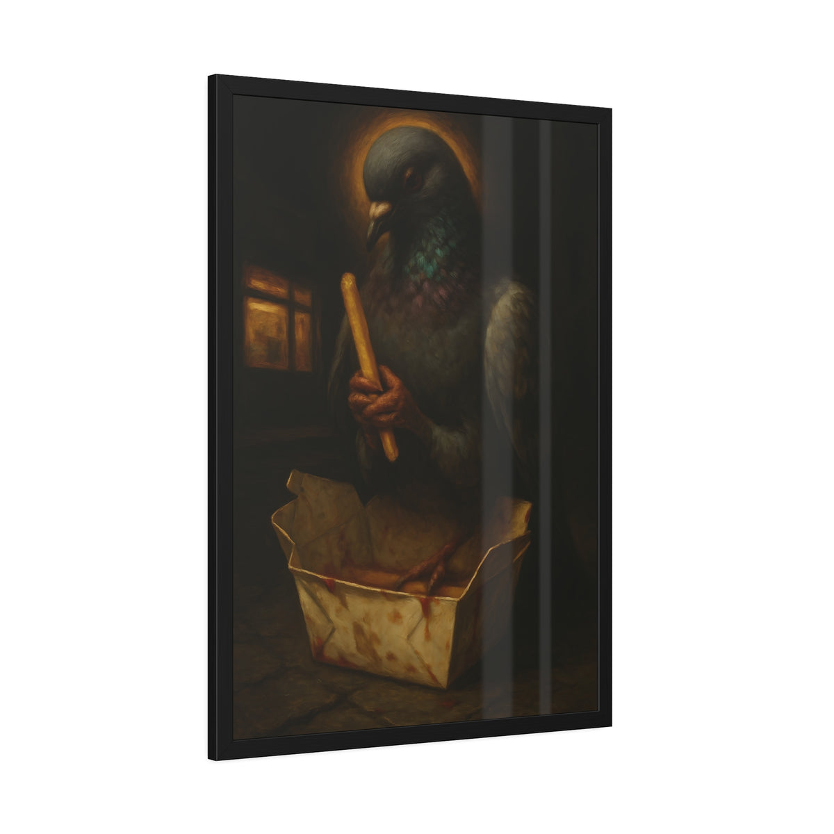 A haloed pigeon holding a french fry over a takeout carton in an alley. Madonna of the Pigeon with Fries by Garabaggio, framed fine art print hanging in a room.